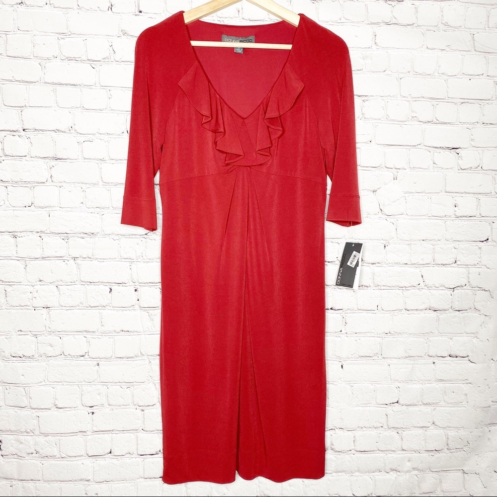 Donna Ricco Ruffle Neck Midi Sheath Dress - NWT